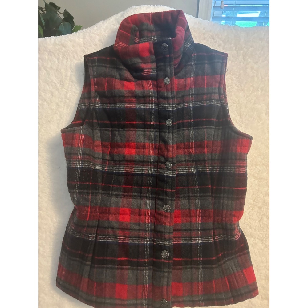 Bandolino Blu Red Plaid Quilted Puffer Vest Snap Front Mock Neck Womens Small